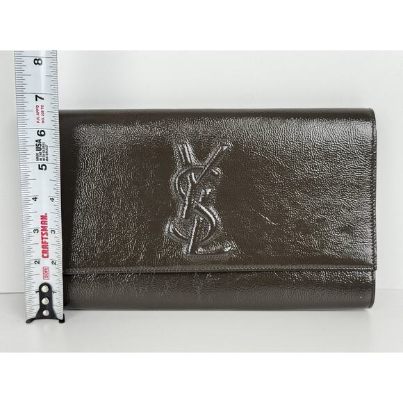 Saint Laurent Belle De Jour Patent Leather Flap Clutch Khaki w Gold Hardware C-6 - Picture 12 of 16